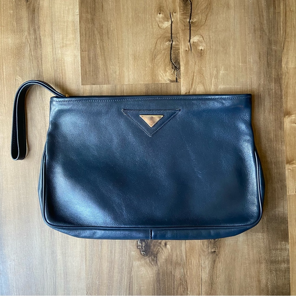 Vintage 80s navy leather triangle detail oversized clutch bag